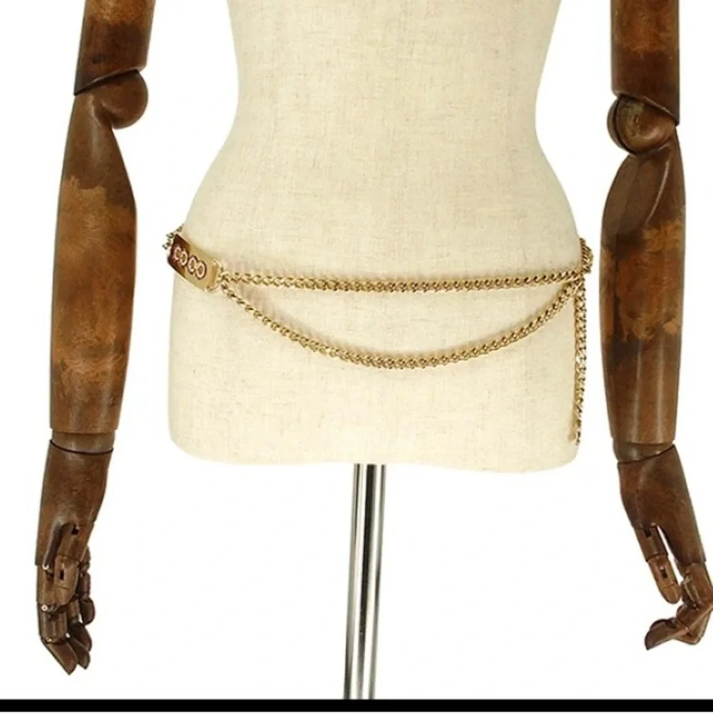 Authentic COCO CHANEL pink Rhinestone gold belt chain 75cm